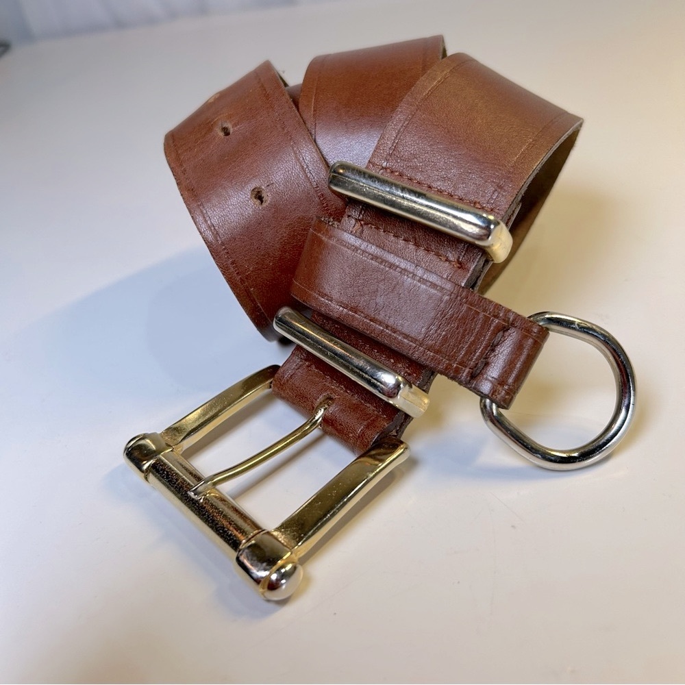 Tan leather belt with gold hardware, D Ring for keys, etc. Size S